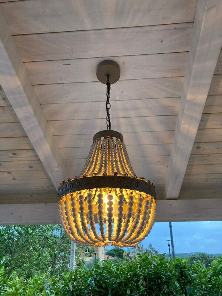 Newrays Wood Bead Chandelier Pendant Bohemian Boho Beachy Ceiling Lamp Light Fixtures (Gray White-Small, 13.58 in*15.74 in) - Image 3